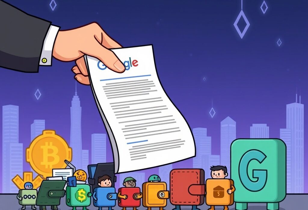 A cartoon illustration depicting Google Play crypto wallet rules being imposed on various digital wallets, symbolizing new regulatory requirements.