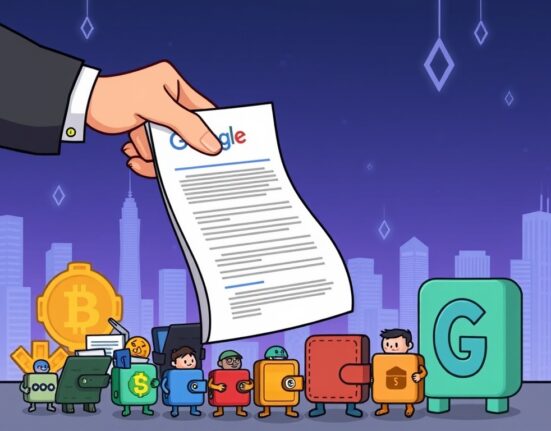 A cartoon illustration depicting Google Play crypto wallet rules being imposed on various digital wallets, symbolizing new regulatory requirements.