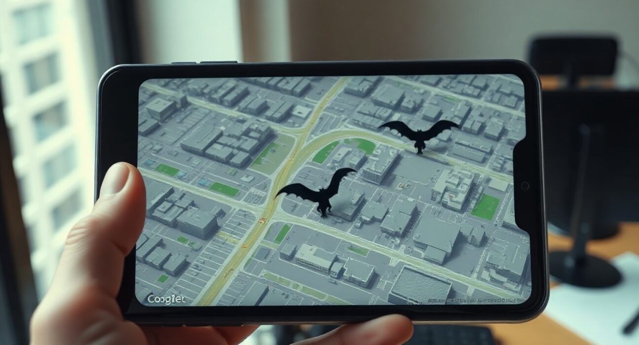 Hand holding a smartphone showing a Google Earth map with an AI-generated fictional creature overlay
