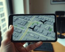 Hand holding a smartphone showing a Google Earth map with an AI-generated fictional creature overlay