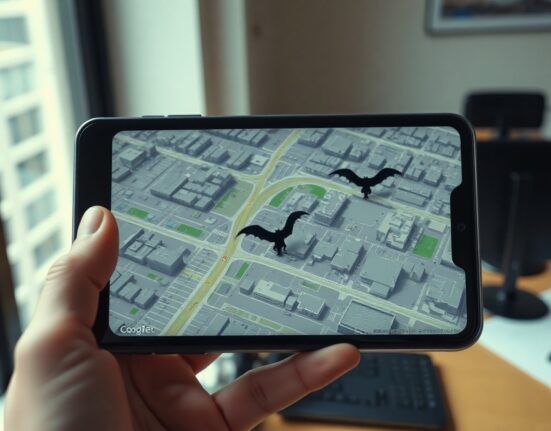 Hand holding a smartphone showing a Google Earth map with an AI-generated fictional creature overlay
