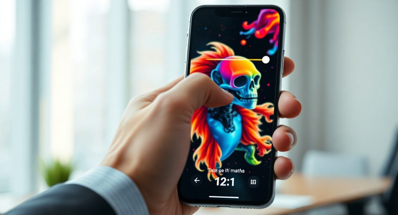 Hand toggling visible watermark setting on a smartphone with AI-generated art on screen