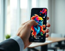 Hand toggling visible watermark setting on a smartphone with AI-generated art on screen
