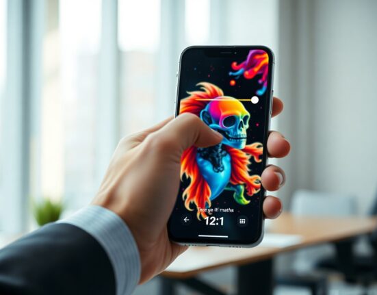 Hand toggling visible watermark setting on a smartphone with AI-generated art on screen