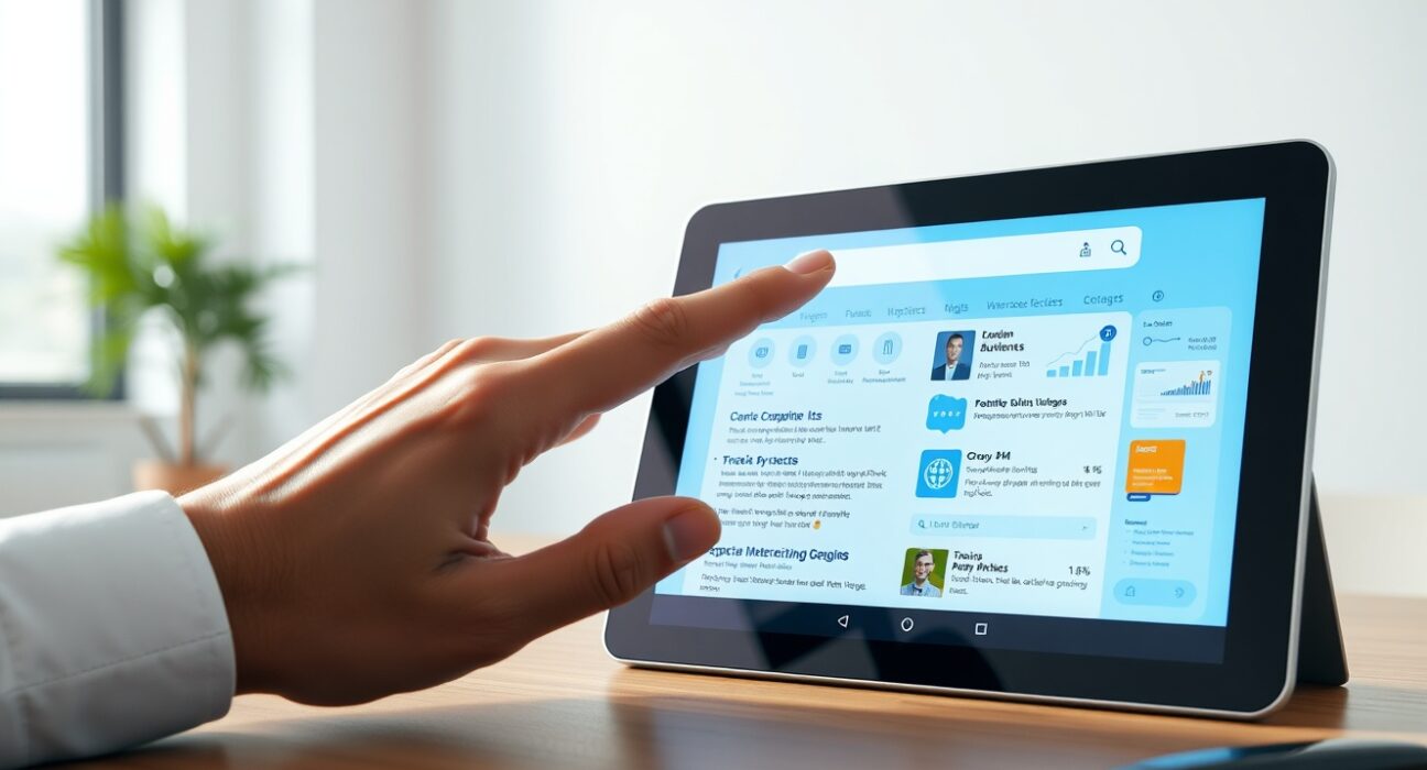 Person using a futuristic interactive AI search interface on a tablet, replacing traditional search results with dynamic visuals.