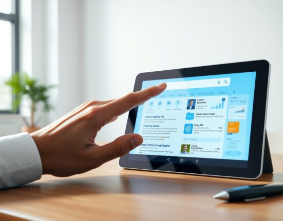 Person using a futuristic interactive AI search interface on a tablet, replacing traditional search results with dynamic visuals.