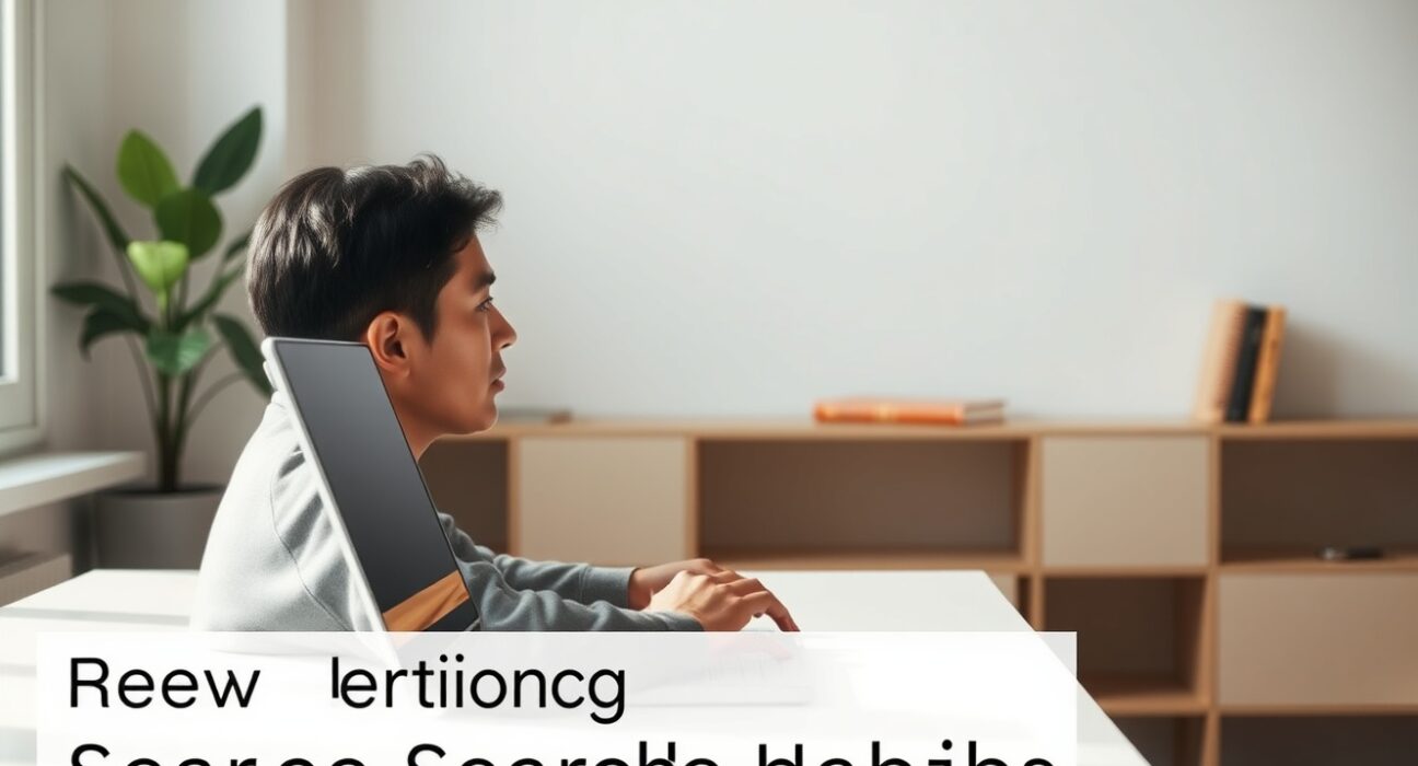 Person searching on a laptop in a sunlit home office, considering alternative search engines