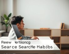 Person searching on a laptop in a sunlit home office, considering alternative search engines