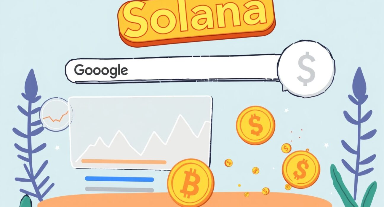 Cartoon illustration showing Google search results displaying Google Solana price charts, making crypto data easily accessible.