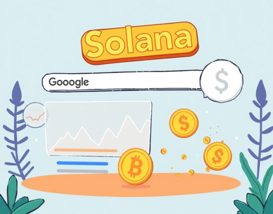 Cartoon illustration showing Google search results displaying Google Solana price charts, making crypto data easily accessible.