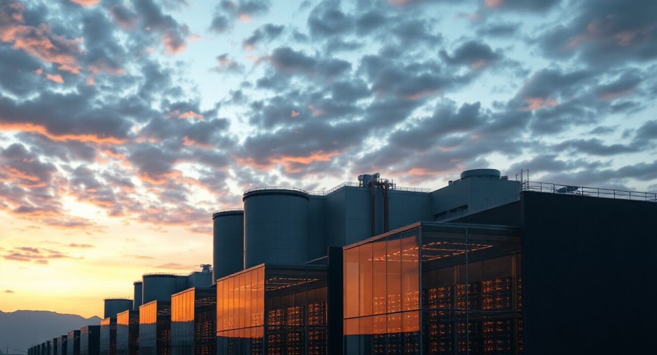 Exterior view of a large data center facility at dusk, representing high-performance cloud compute infrastructure.