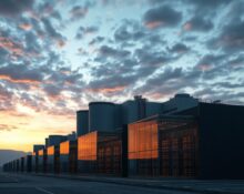 Exterior view of a large data center facility at dusk, representing high-performance cloud compute infrastructure.