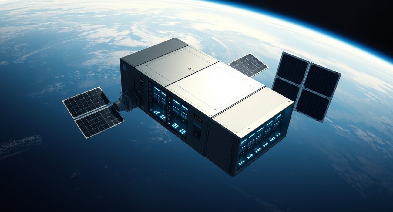 Orbital data center module with solar panels docked to a SpaceX spacecraft above Earth