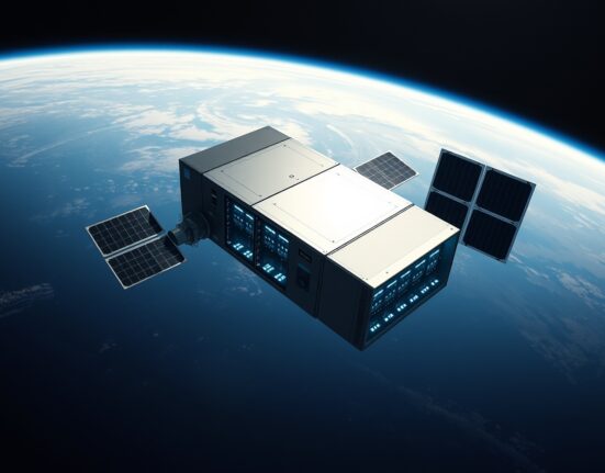 Orbital data center module with solar panels docked to a SpaceX spacecraft above Earth