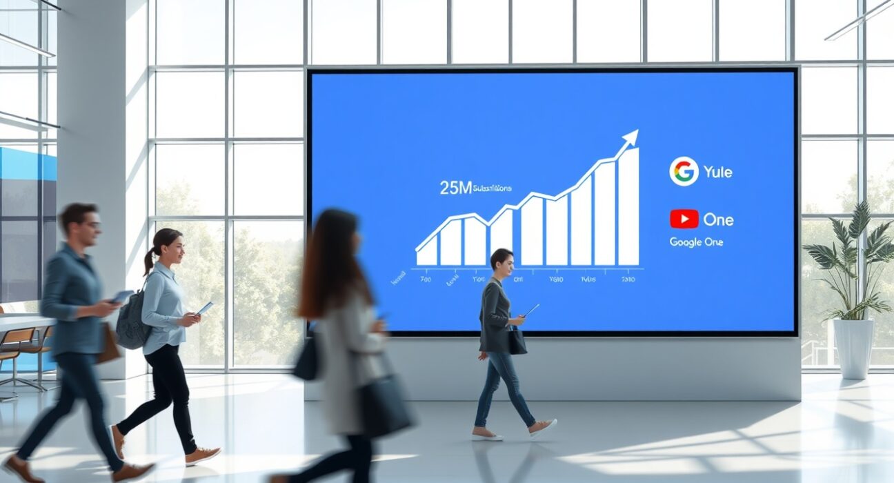 Google subscriptions growth chart with YouTube Premium and Google One logos in a modern office lobby