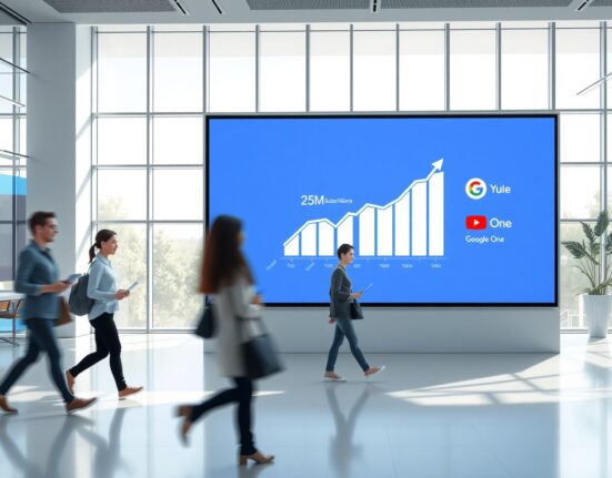 Google subscriptions growth chart with YouTube Premium and Google One logos in a modern office lobby