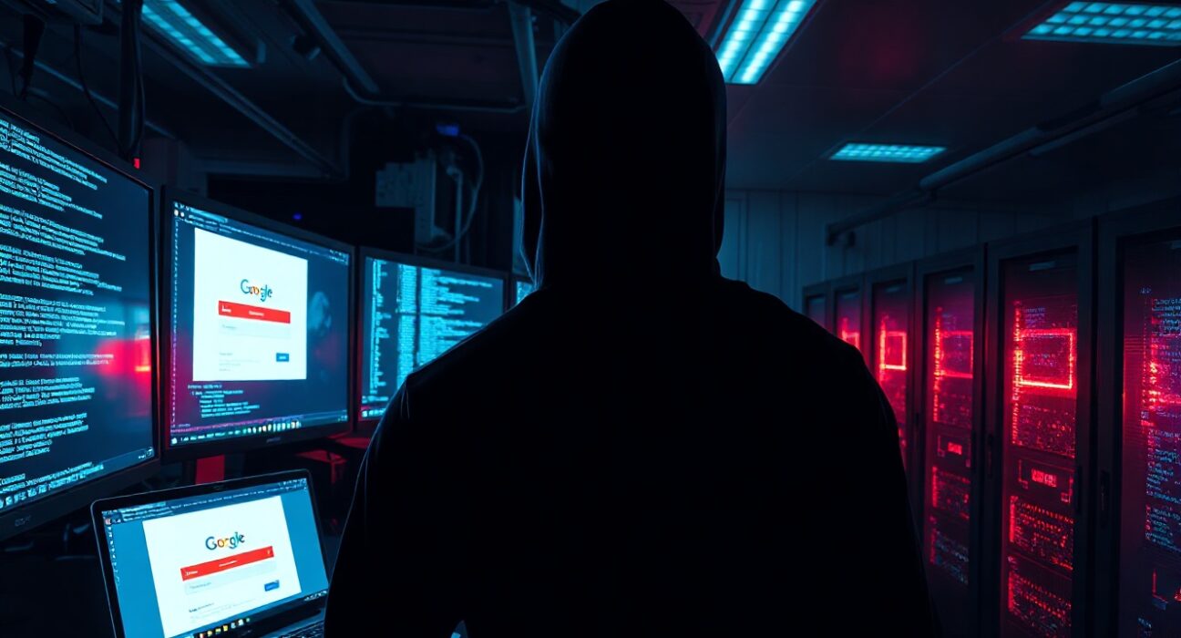 A hacker in a dark server room using AI tools to create phishing websites, representing a large-scale cybercrime operation.