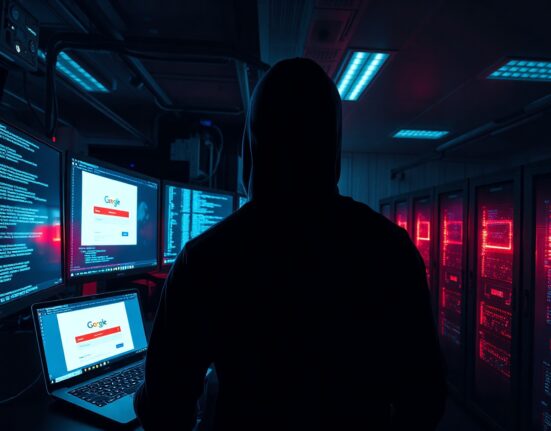 A hacker in a dark server room using AI tools to create phishing websites, representing a large-scale cybercrime operation.