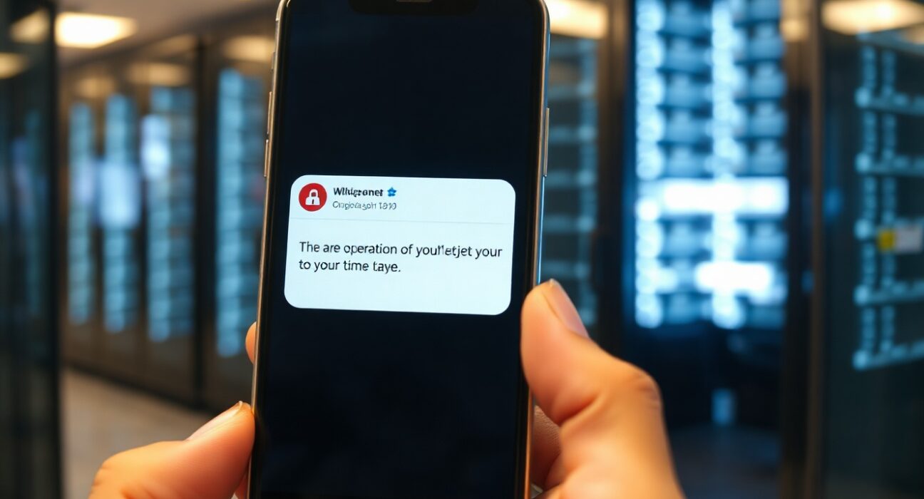 Smartphone displaying a scam text notification with a blurred server room background