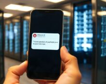 Smartphone displaying a scam text notification with a blurred server room background