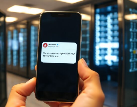 Smartphone displaying a scam text notification with a blurred server room background