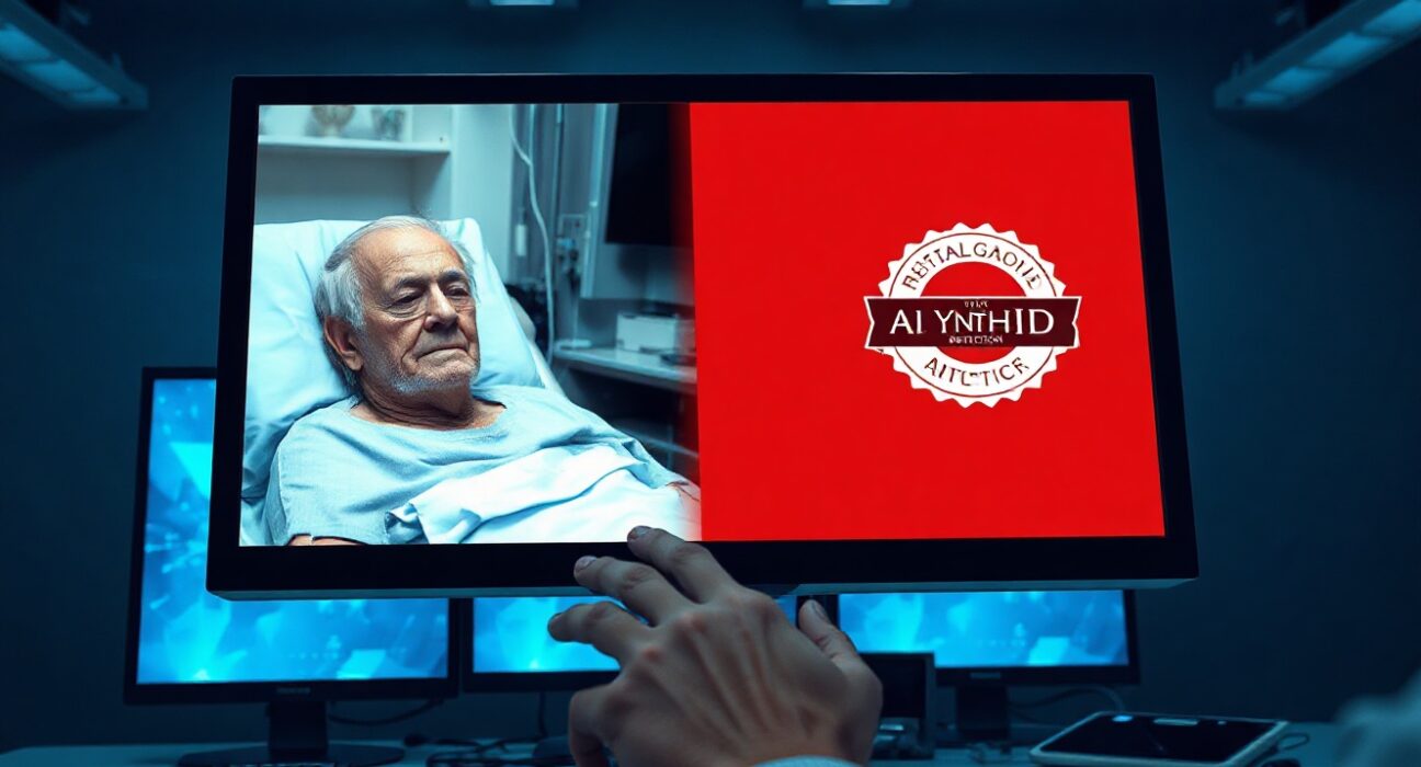 Digital analyst examining SynthID watermark detection on a hoax AI-generated image of Senator McConnell in a hospital bed.