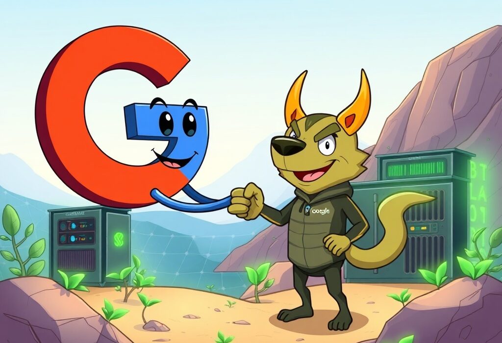 A cartoon illustration of Google's significant Bitcoin mining investment through the Google TeraWulf deal, highlighting institutional crypto adoption.