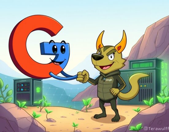 A cartoon illustration of Google's significant Bitcoin mining investment through the Google TeraWulf deal, highlighting institutional crypto adoption.