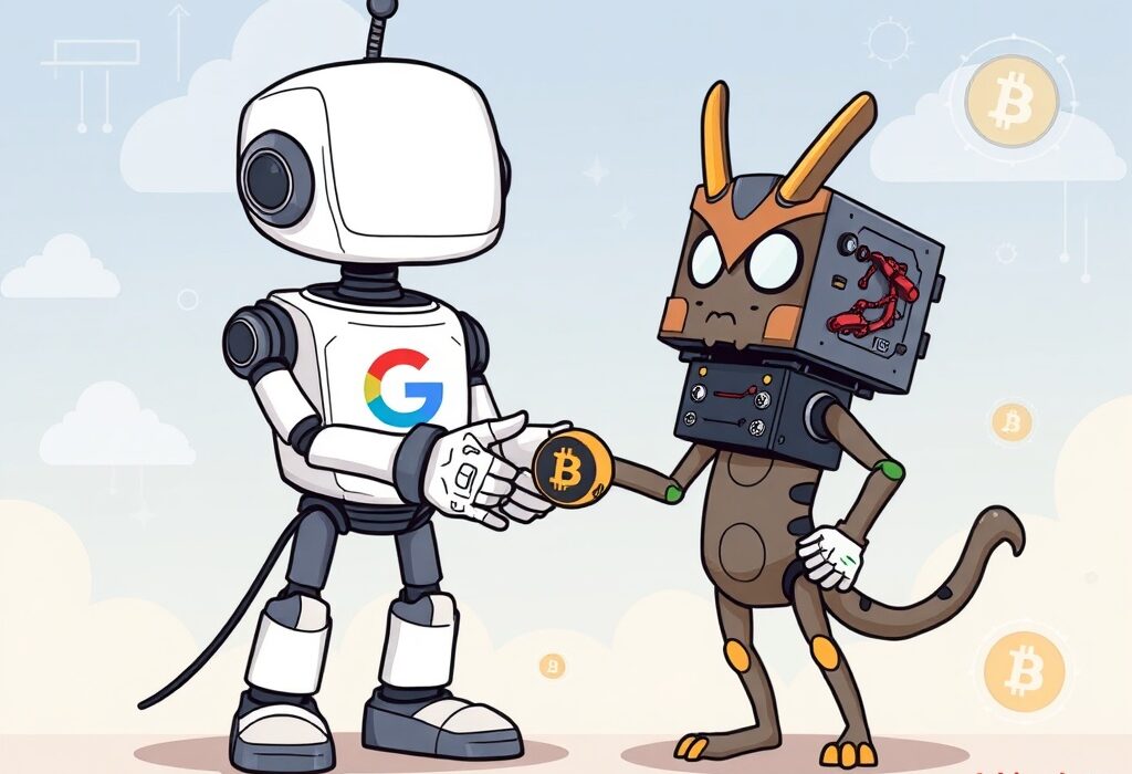 A cartoon image showing Google's growing investment in TeraWulf's Bitcoin mining and AI infrastructure, highlighting the Google TeraWulf stake.