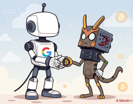 A cartoon image showing Google's growing investment in TeraWulf's Bitcoin mining and AI infrastructure, highlighting the Google TeraWulf stake.
