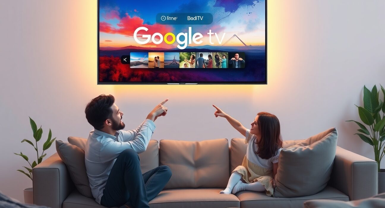 Family enjoying Google TV with Gemini AI features showing a dynamic photo slideshow with artistic effects on screen.