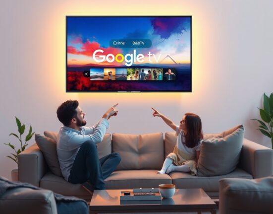 Family enjoying Google TV with Gemini AI features showing a dynamic photo slideshow with artistic effects on screen.