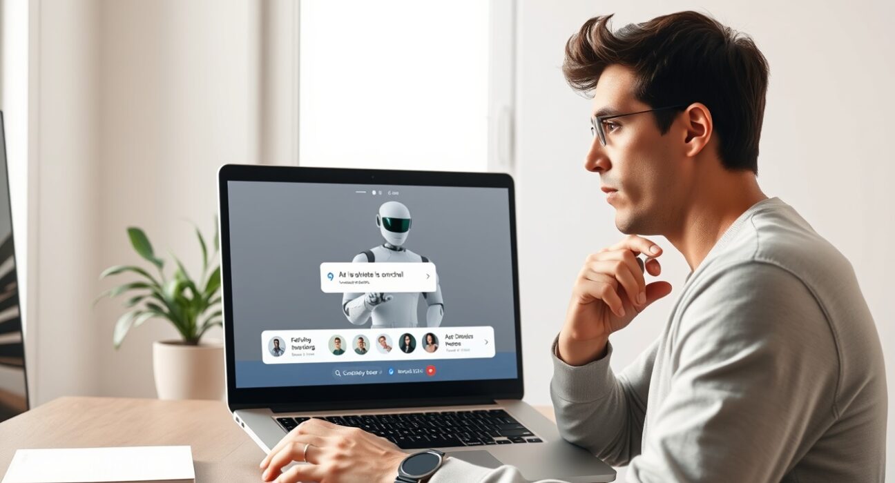 Content creator using Google Vids to direct an AI avatar with text prompts for professional video editing.