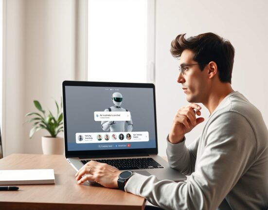 Content creator using Google Vids to direct an AI avatar with text prompts for professional video editing.