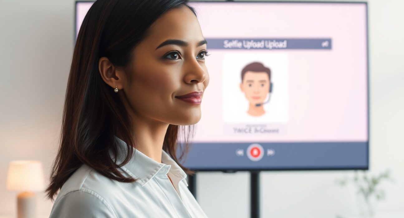 Professional woman using Google Vids to create an AI avatar from a selfie and voice recording in a modern office.