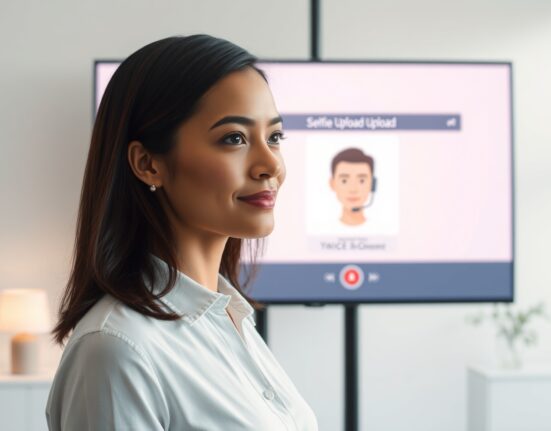 Professional woman using Google Vids to create an AI avatar from a selfie and voice recording in a modern office.
