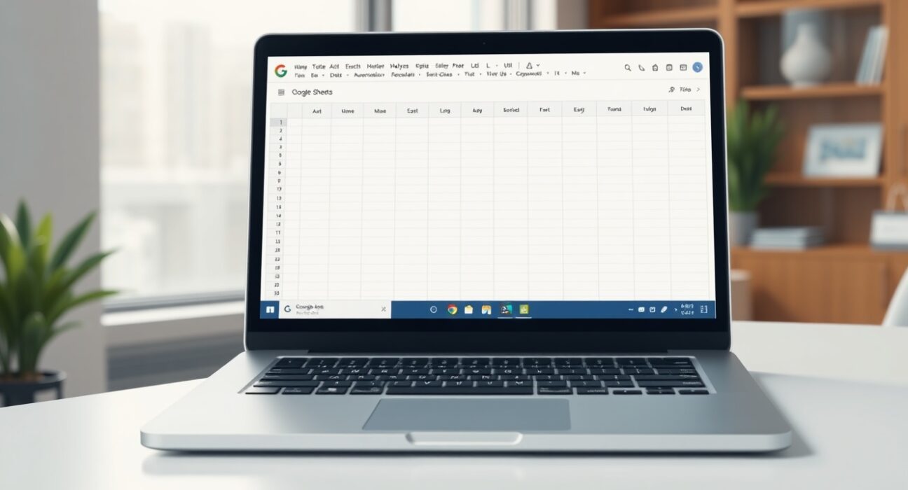 Google Workspace AI automating a spreadsheet on a laptop in a modern office, symbolizing intelligent productivity.