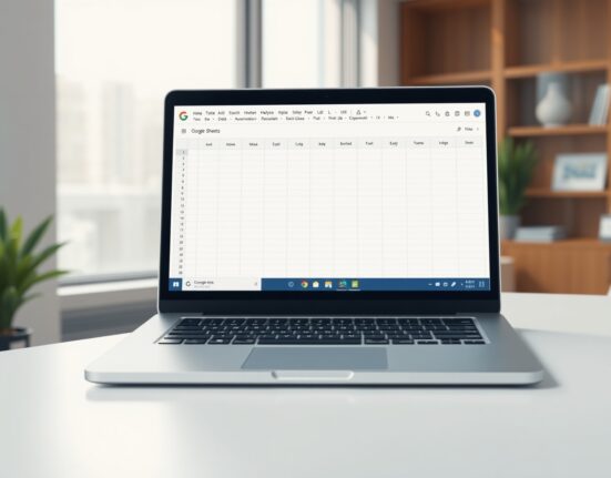 Google Workspace AI automating a spreadsheet on a laptop in a modern office, symbolizing intelligent productivity.