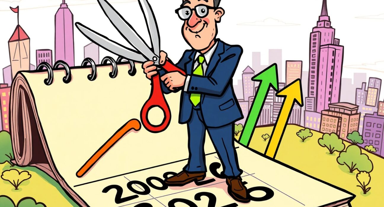 Cartoon illustration of a central banker forecasting more 2026 rate cuts on a calendar