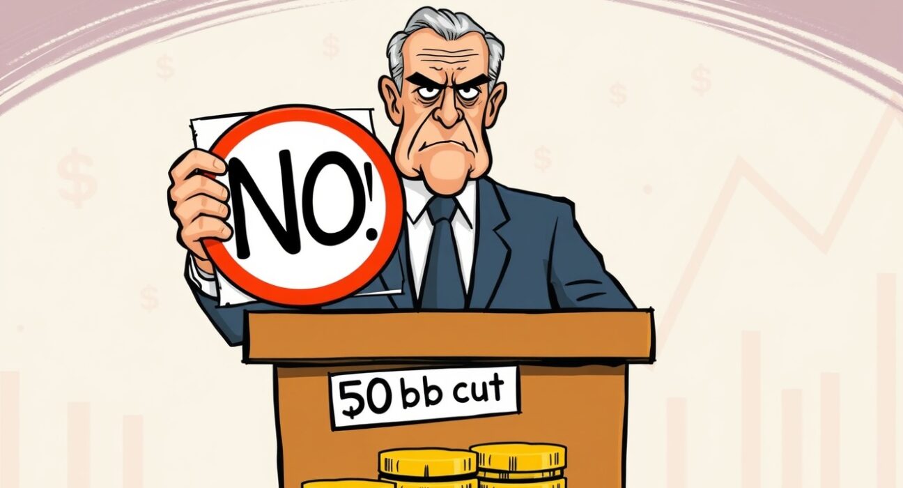 A cartoon central banker dismissing a 50 bp rate cut, symbolizing the Federal Reserve's cautious monetary policy stance.
