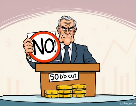 A cartoon central banker dismissing a 50 bp rate cut, symbolizing the Federal Reserve's cautious monetary policy stance.