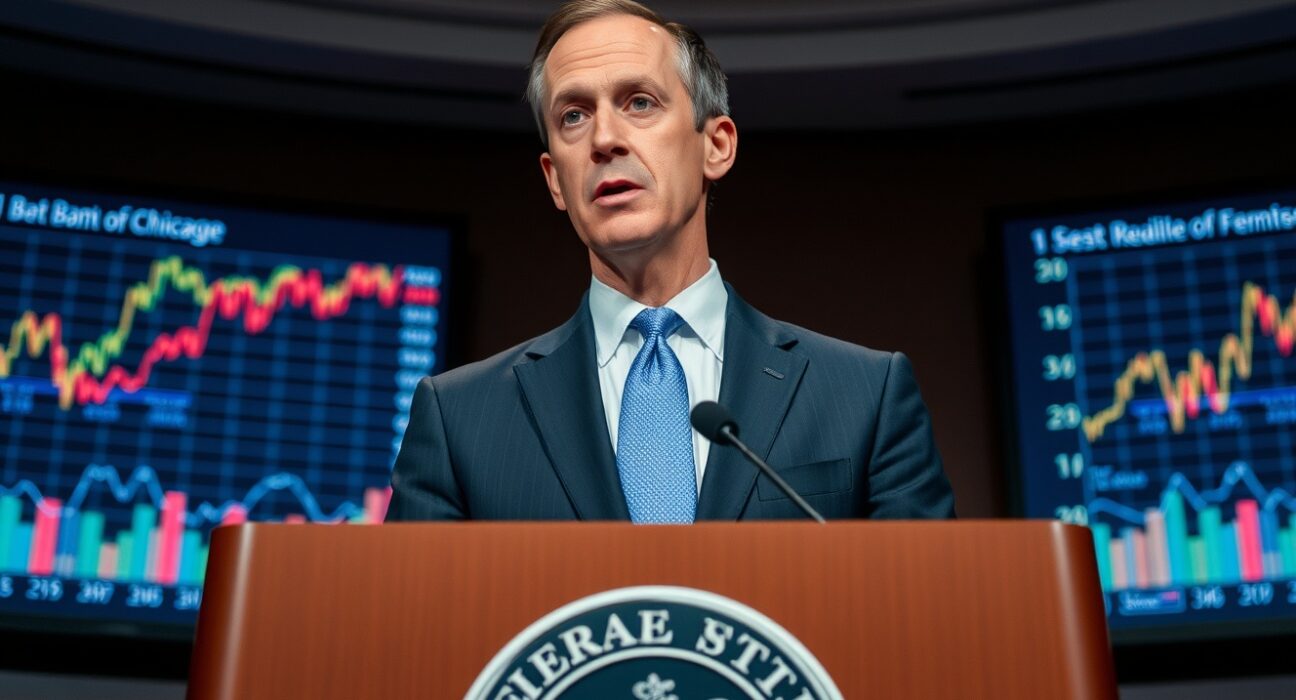 Federal Reserve's Austan Goolsbee discussing inflation warning with economic charts in background