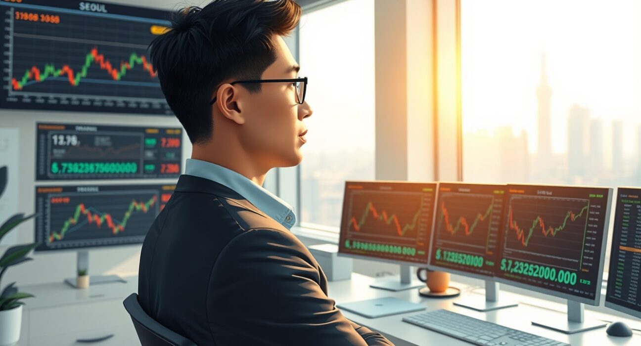 Financial analyst reviewing Gopax cryptocurrency exchange data and market charts in Seoul office