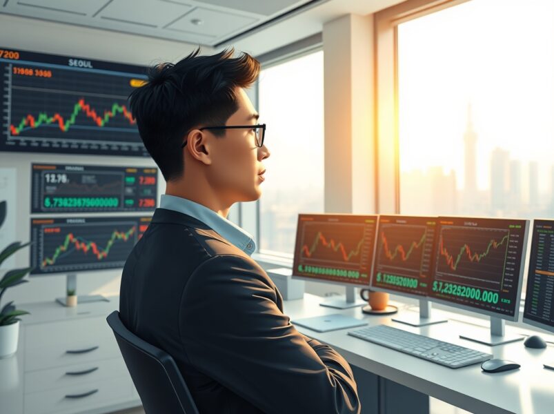 Financial analyst reviewing Gopax cryptocurrency exchange data and market charts in Seoul office