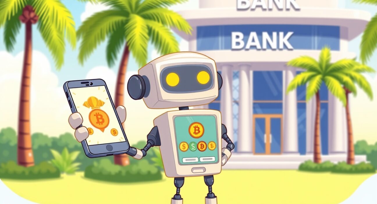 Cartoon illustration of GoTyme crypto service integrating digital banking with cryptocurrency access in the Philippines.