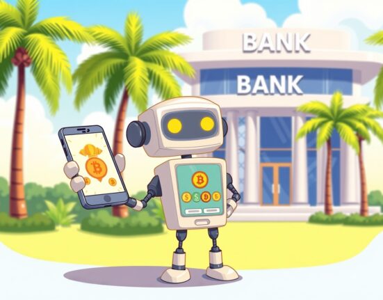Cartoon illustration of GoTyme crypto service integrating digital banking with cryptocurrency access in the Philippines.
