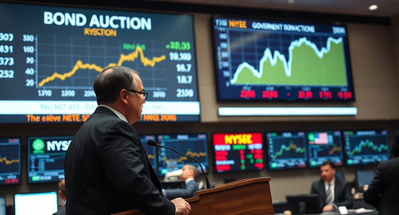 Auctioneer at a government bond auction with a yield curve on screen
