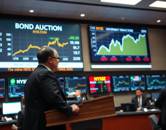 Auctioneer at a government bond auction with a yield curve on screen