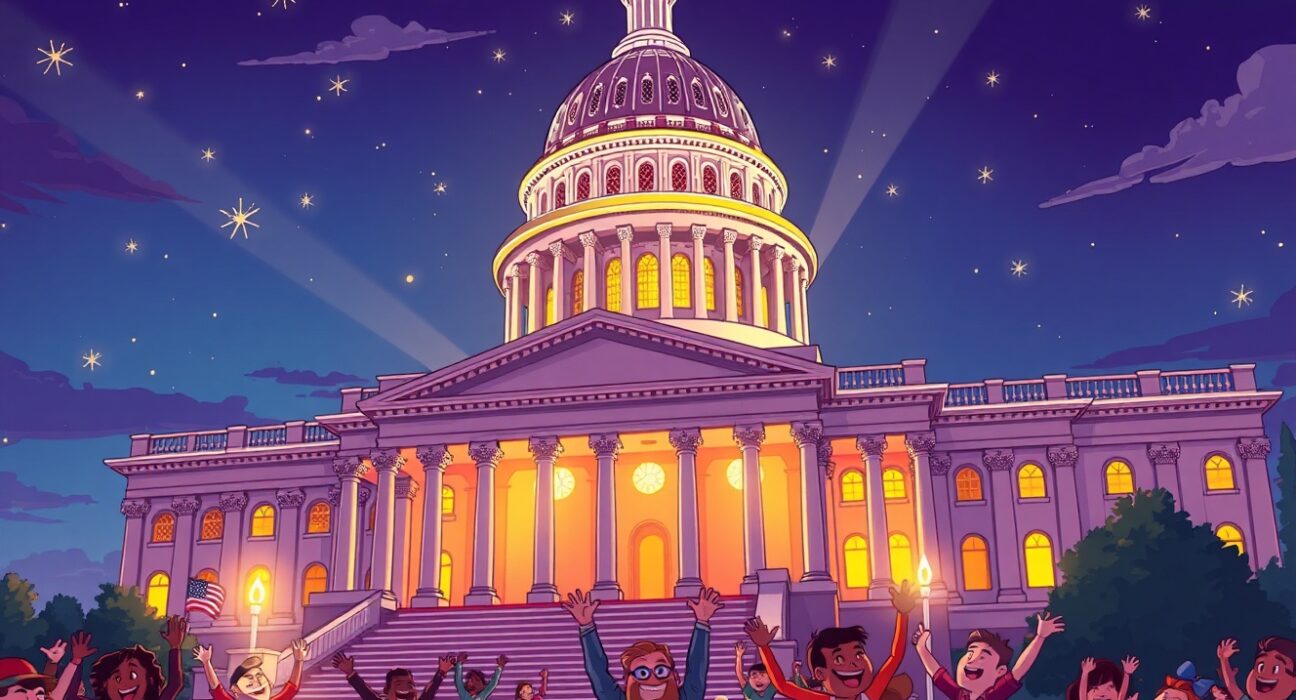US Capitol celebration as government shutdown ends tonight with illuminated building and relieved officials