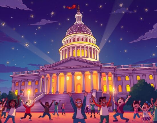 US Capitol celebration as government shutdown ends tonight with illuminated building and relieved officials